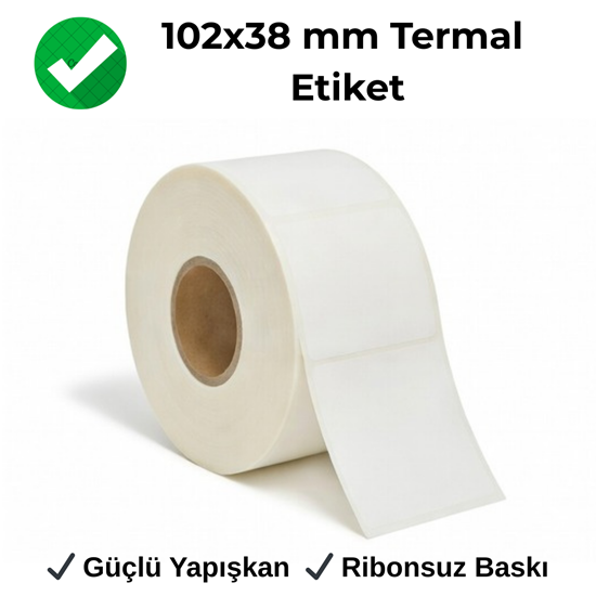 102x38 mm termal raf etiketi rulosu, market fiyat ve ürün barkod uygulamaları için beyaz ribonsuz etiket