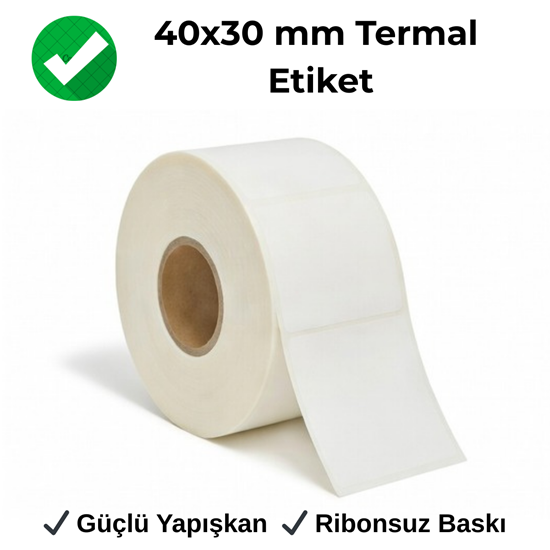 40x30 mm termal raf barkod etiketi rulosu, küçük ürün fiyat ve barkod basımı için beyaz ribonsuz etiket