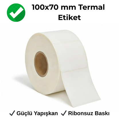 100x70 mm termal koli barkod etiketi rulosu, üretim ve depo sevkiyat uygulamaları için beyaz ribonsuz etiket