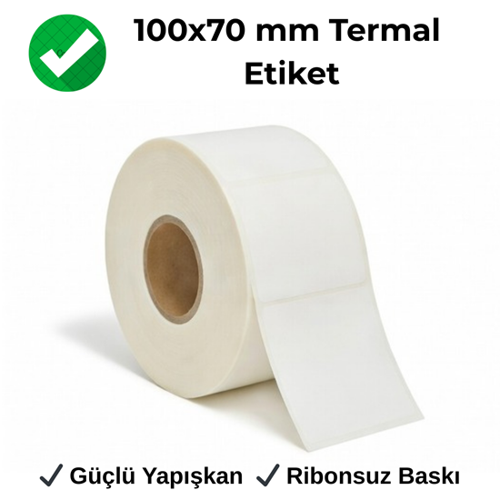 100x70 mm termal koli barkod etiketi rulosu, üretim ve depo sevkiyat uygulamaları için beyaz ribonsuz etiket