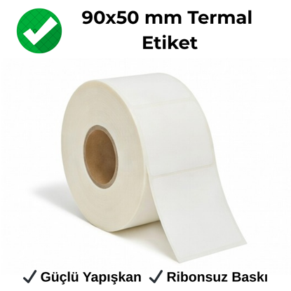 90x50 mm termal raf barkod etiketi rulosu, fiyat ve ürün tanımlama için beyaz ribonsuz etiket