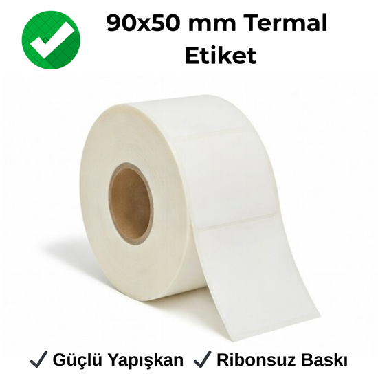 90x50 mm termal raf barkod etiketi rulosu, fiyat ve ürün tanımlama için beyaz ribonsuz etiket