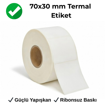70x30 mm termal uzun raf fiyat etiketi rulosu, dar alanlarda barkod ve fiyat basımı için beyaz ribonsuz etiket