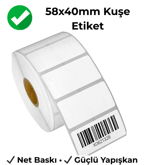 58x40 mm kuşe etiket 40 mm göbek ürün raf depo barkod etiketi termal transfer