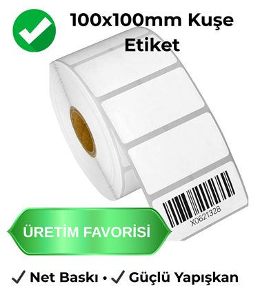 100x100 mm kuşe etiket 40 mm göbek koli üretim barkod etiketi termal transfer
