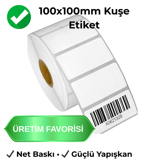 100x100 mm kuşe etiket 40 mm göbek koli üretim barkod etiketi termal transfer