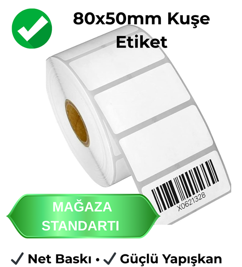 80x50 mm kuşe etiket 40 mm göbek raf ve ürün barkod etiketi termal transfer