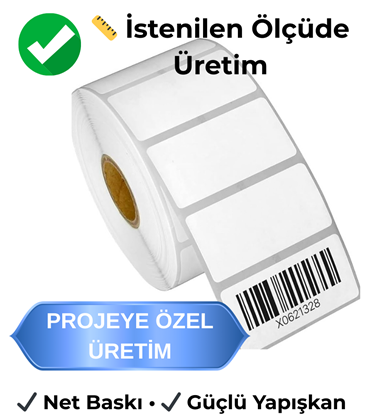 İstenilen ölçüde üretilen kuşe barkod etiketi, güçlü yapışkanlı ve net baskı uyumlu özel üretim etiket çözümü