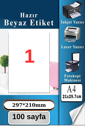210x297 mm A4 tam sayfa beyaz lazer etiket, inkjet ve lazer yazıcı uyumlu tekli etiket
