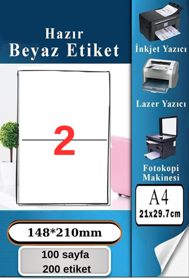 A4 tabaka üzerinde 2 adet 148x210 mm ölçüsünde beyaz lazer etiket, permanent yapışkanlı